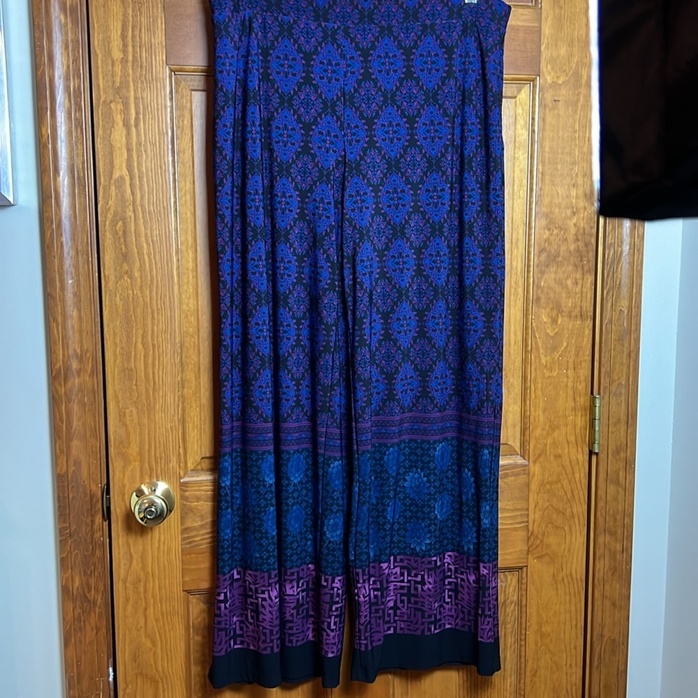 Women's Susan Graver Black Print Liquid Knit Wide-Leg Pants Size Large Petite